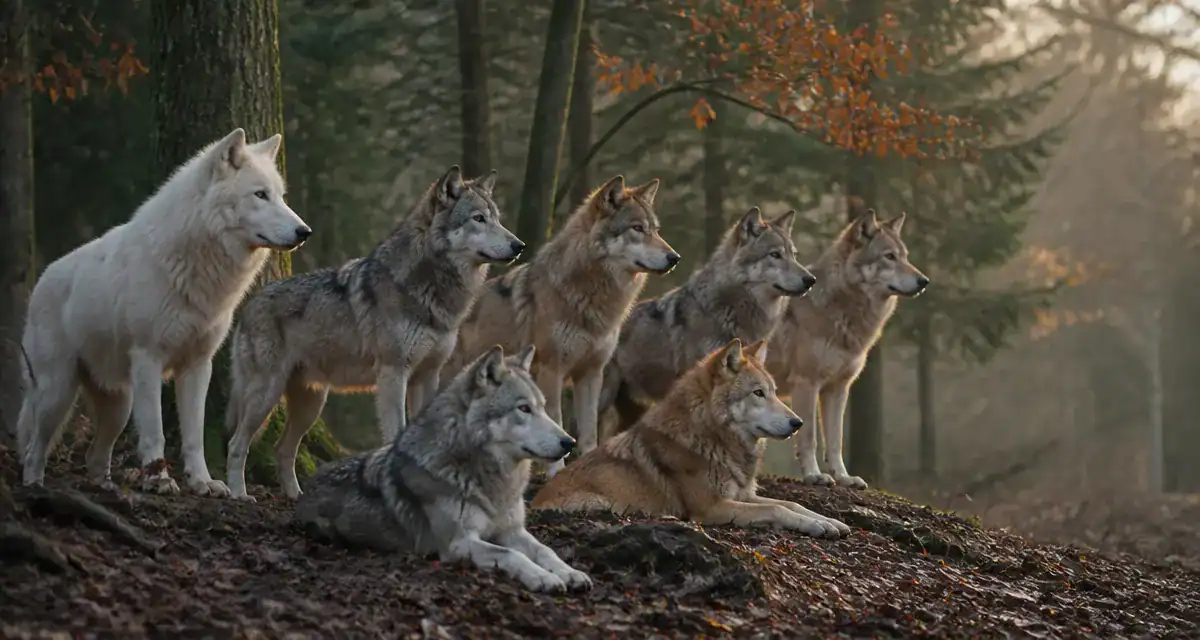 Races de loup différentes en forêt, matin