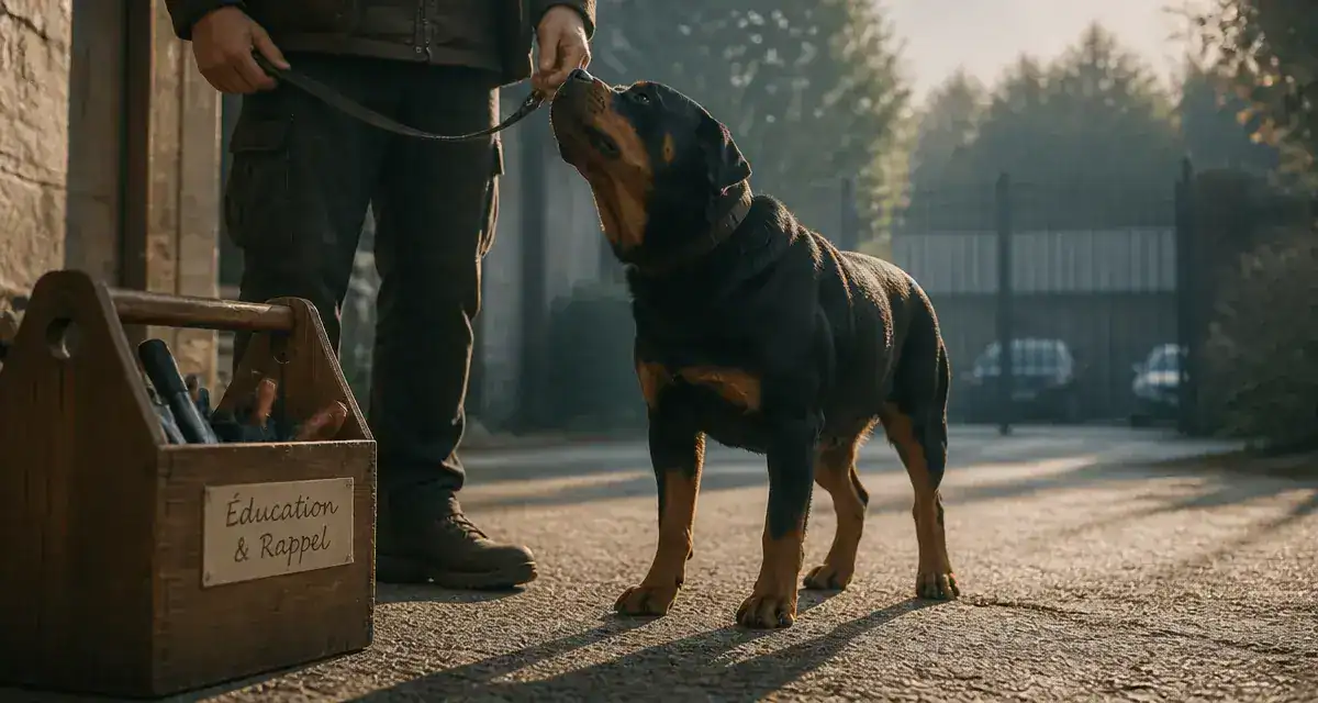Rottweiler adulte noir et feu, éducation & rappel en laisse