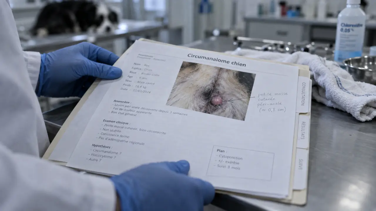 Photo circumanalome chien : masse péri-anale illustrée au cabinet vétérinaire