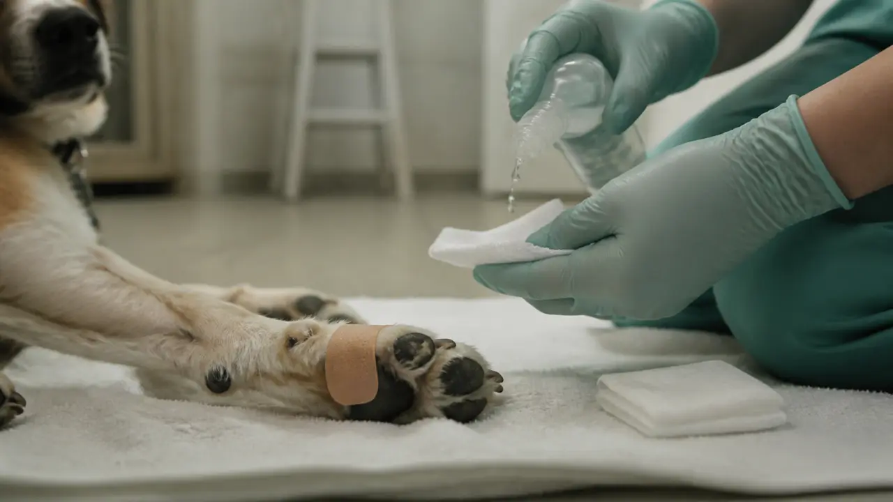 Coussinet chien arraché repousse : patte bandée et soin vétérinaire