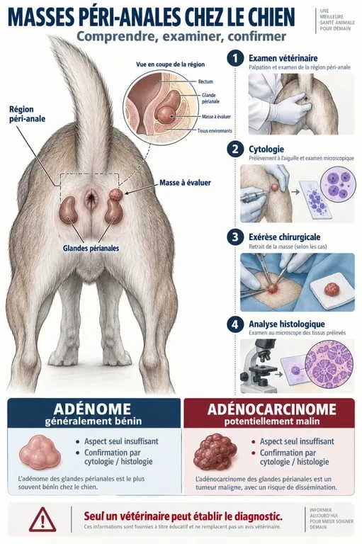Schéma pédagogique du circumanalome chez le chien et des étapes du diagnostic vétérinaire