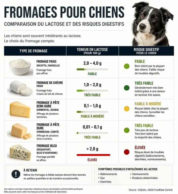 Tableau comparatif des risques digestifs liés au fromage de chèvre et autres fromages pour chien