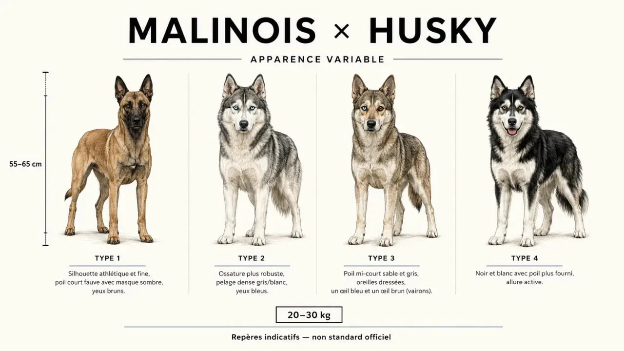 Infographie sur le malinois croisé husky montrant sa diversité physique, son poids et sa taille variables