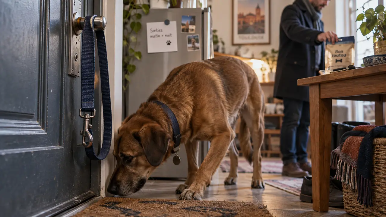 Sortir son chien 1 fois par jour : laisse près de la porte, chien renifle