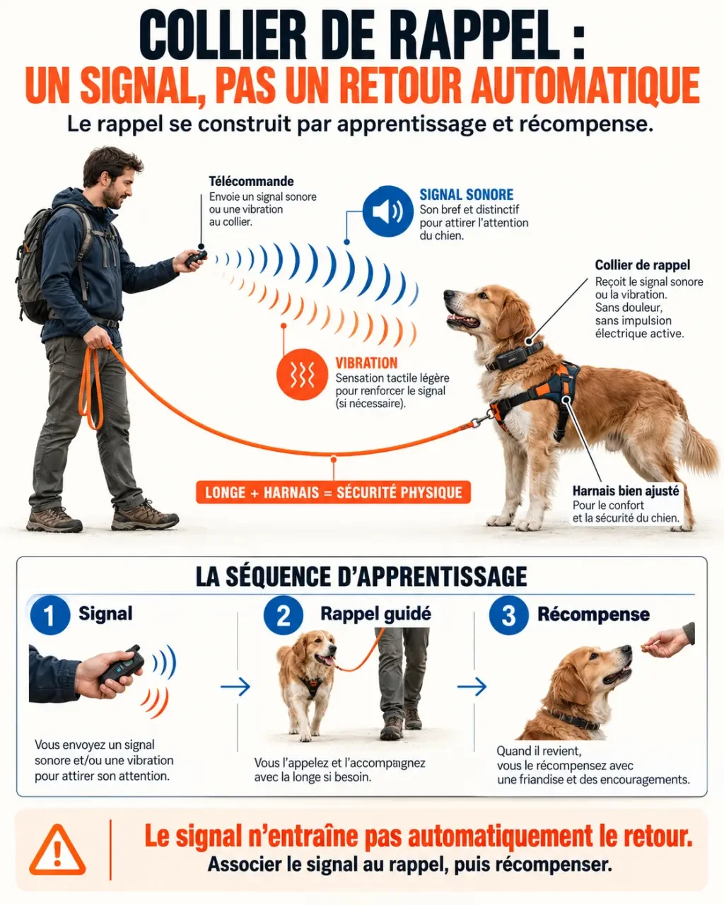 Schéma du fonctionnement d’un collier de rappel chien avec signal sonore, vibration, apprentissage et longe de sécurité
